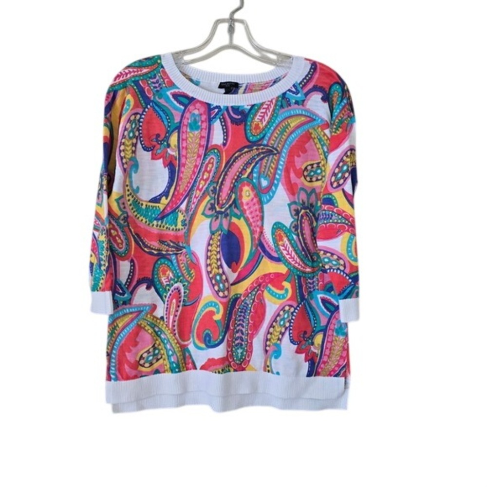 Talbots Petite Cotton Paisley Sweater Multi Color 3/4 Sleeve Size Mp